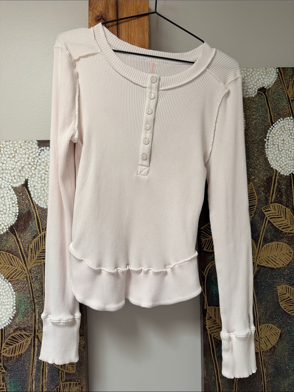Free People ivory cream large L thermal fall vibe Ribbed Henley Long Sleeve Top